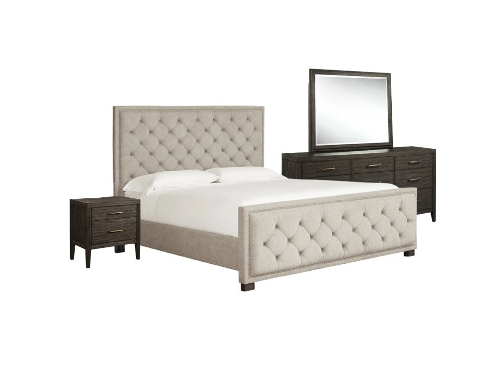 Bellvern Queen Upholstered Bed with 1 nightstand and 1 dresser mirror