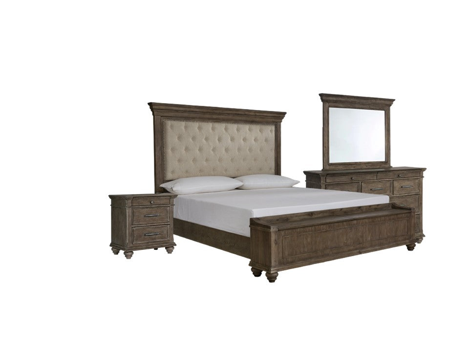 Johnelle King Upholstered Panel Bed with Storage and 1 nightstands 1 dresser mirror